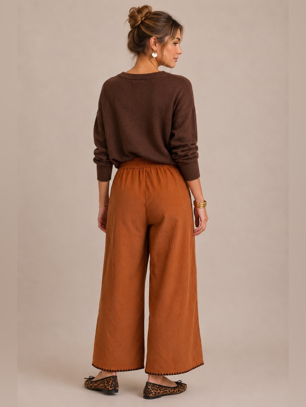 Rust Corduroy Wide Leg Pants with Brown Topstitch & Drawstring Waist - Picture 3 of 5